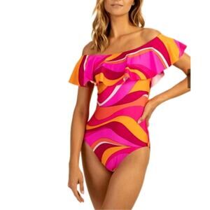 Trina Turk Standard Vivid Vista Off Shoulder Bandeau 1 Piece Swimsuit Size 12